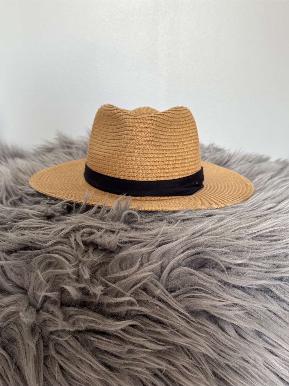 Wide Brim Straw Fedora Hat with Black Band - Tan
